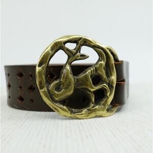Vintage Capricorn Belt Womens 32 Brown Brass Buckle Patina Zodiac Celestial